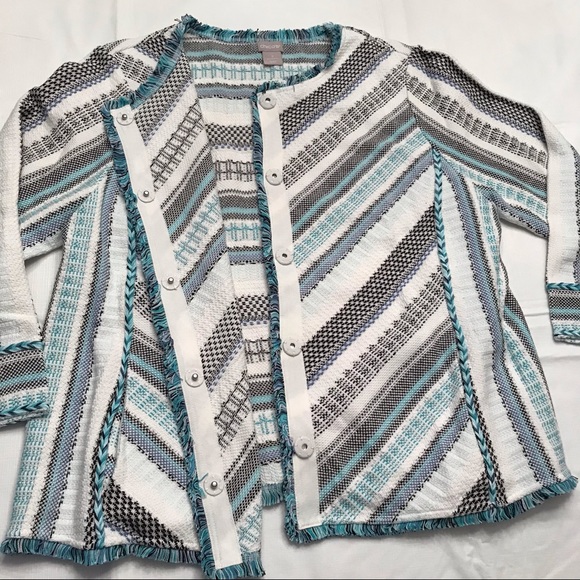 Chico’s Jacket-Weight Cardigan XL Fringe-Trim Size 3 Snap-Front 3/4 Sleeves - Picture 9 of 9